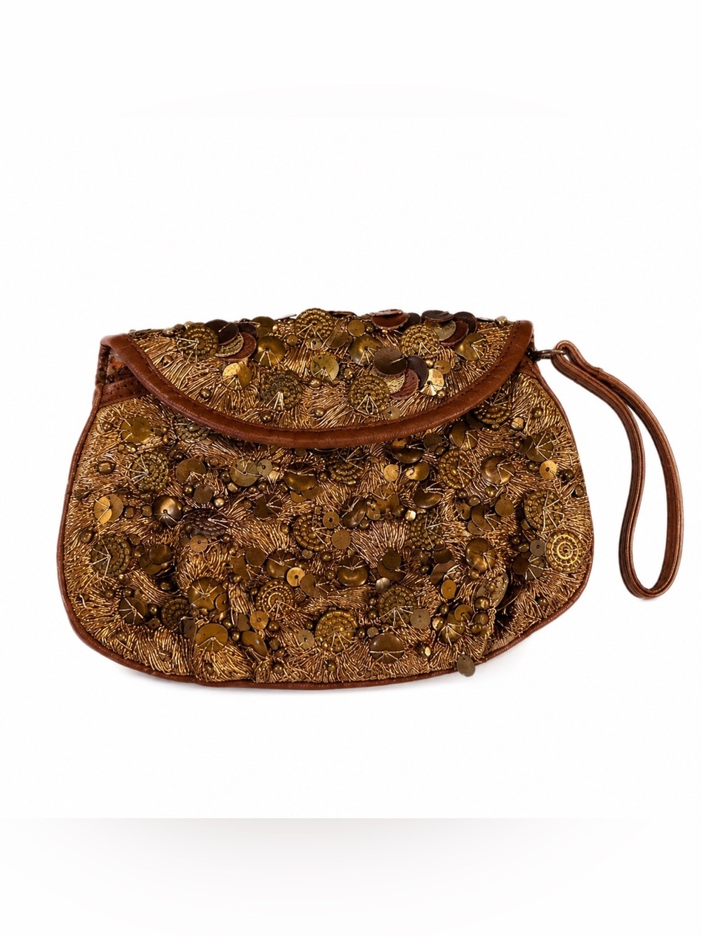 Lucky Penny Beaded Sequin Wristlet Clutch Bronze Gold Metallic Boho Floral Bag